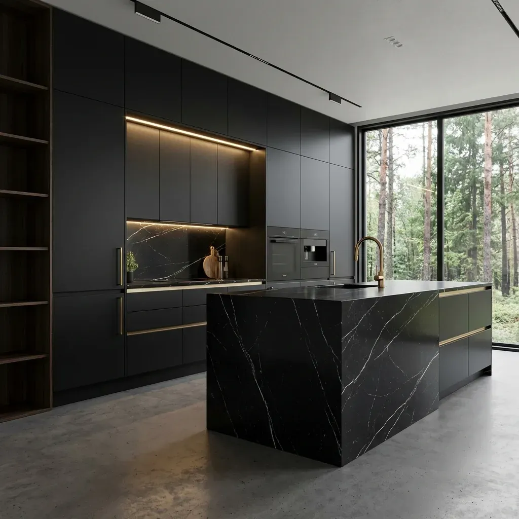 Dark kitchen with a stone island — DeMāre Studio project